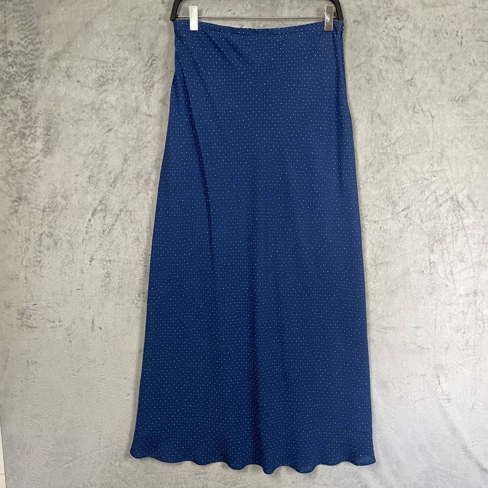 Vintage Navy Blue Micro Polka Dot 100% Silk Lined Maxi Skirt Size 10